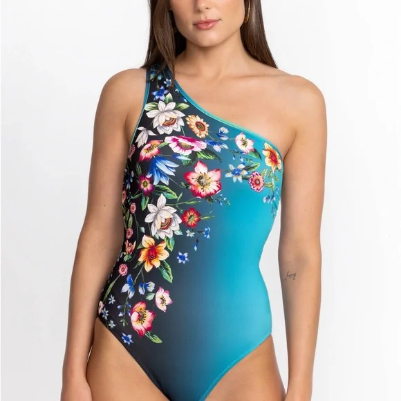 Johnny Was Teal Floral One-Shoulder Swimsuit size Xl stunning art piece - Picture 1 of 8